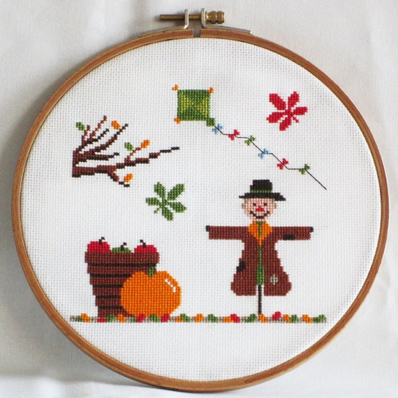 Autumn Cross Stitch Pattern-scarecrow, kite, pumpkin, tree, chestnut leaves, PDF, instant download