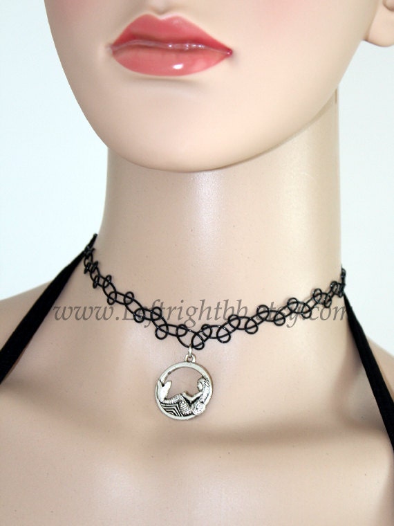Vintage Stretch Tattoo Choker Necklace with The little mermaid necklace