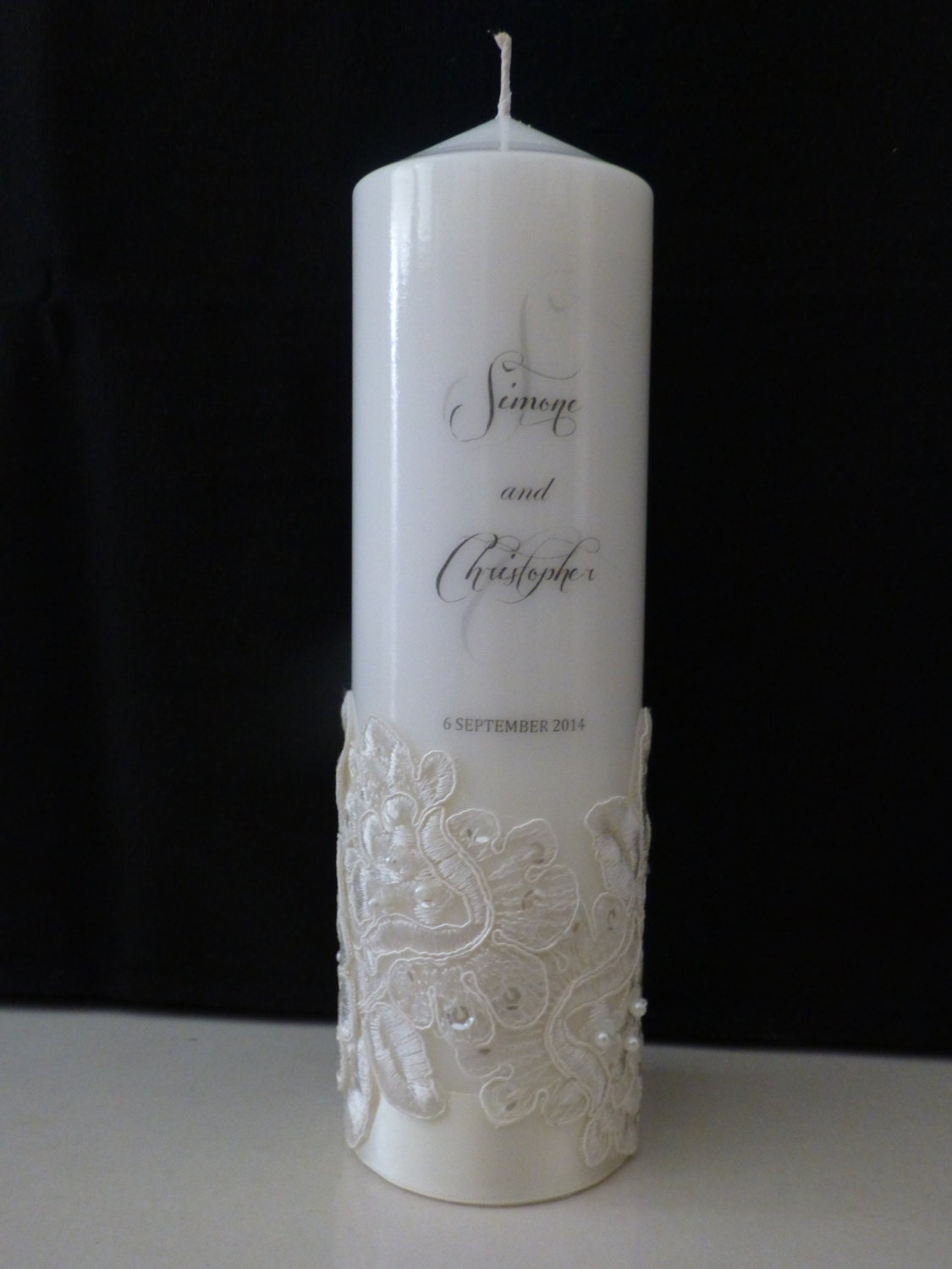 Personalised Wedding Candle with Bridal Lace 74mm x by CandleAus