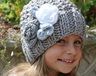Knitted hat. Girls grey hat. Flower hat. Crochet hat. Girls knit hat. Age 5 -Adult size