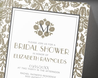 Brown Monogram Damask Bridal Shower invites