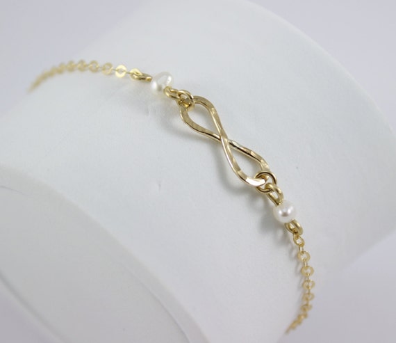 Gold Friendship Bracelet, White Pearl Bracelet, Infinity Bracelet, 14K ...