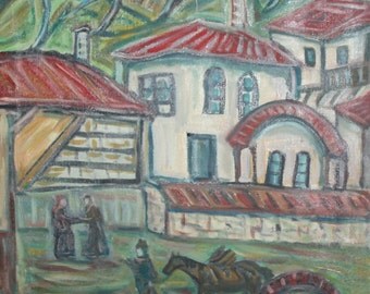 Vintage oil painting cityscape village signed