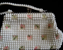 ... white beaded and floral purse vintage 1970 handbag for women mad men