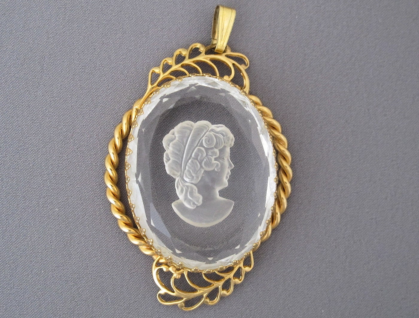 Vintage Intaglio Glass Cameo Pendant inverse glass sculpture.