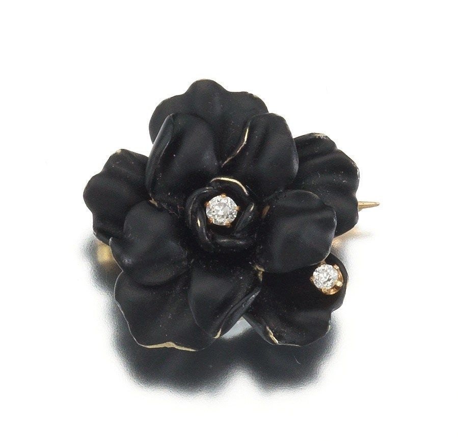 Antique Art Nouveau 14k Gold Black Enamel & Diamond Rose