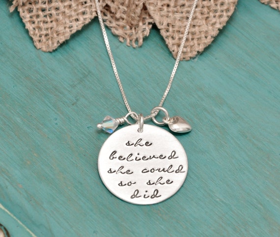 she believed she could so she did, hand stamped necklace, inspirational necklace sterling, sterling silver