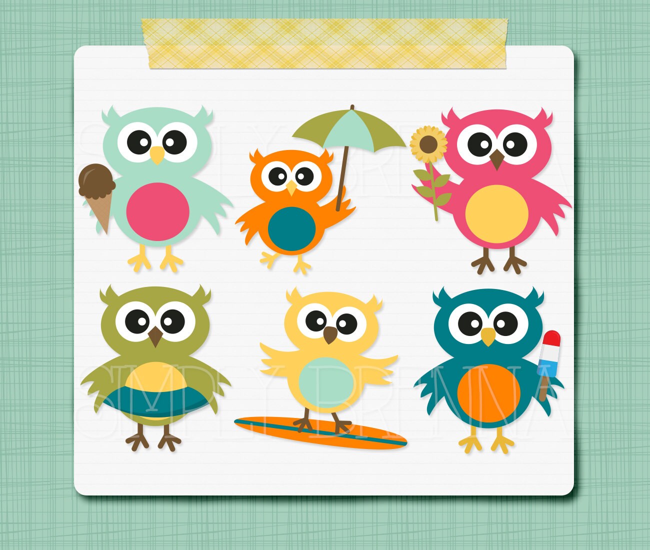Bright Summer Owl Clip Art Digital Owl Clipart Digital