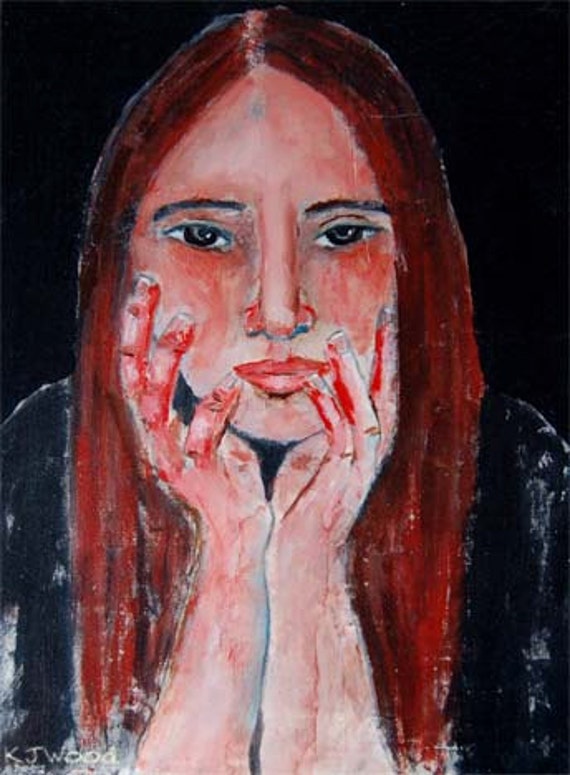 Acrylic Portrait Painting Sad Solemn Girl Hands Face 9x12 Canvas Board In Your Absence 9x12 original emotional white black gray