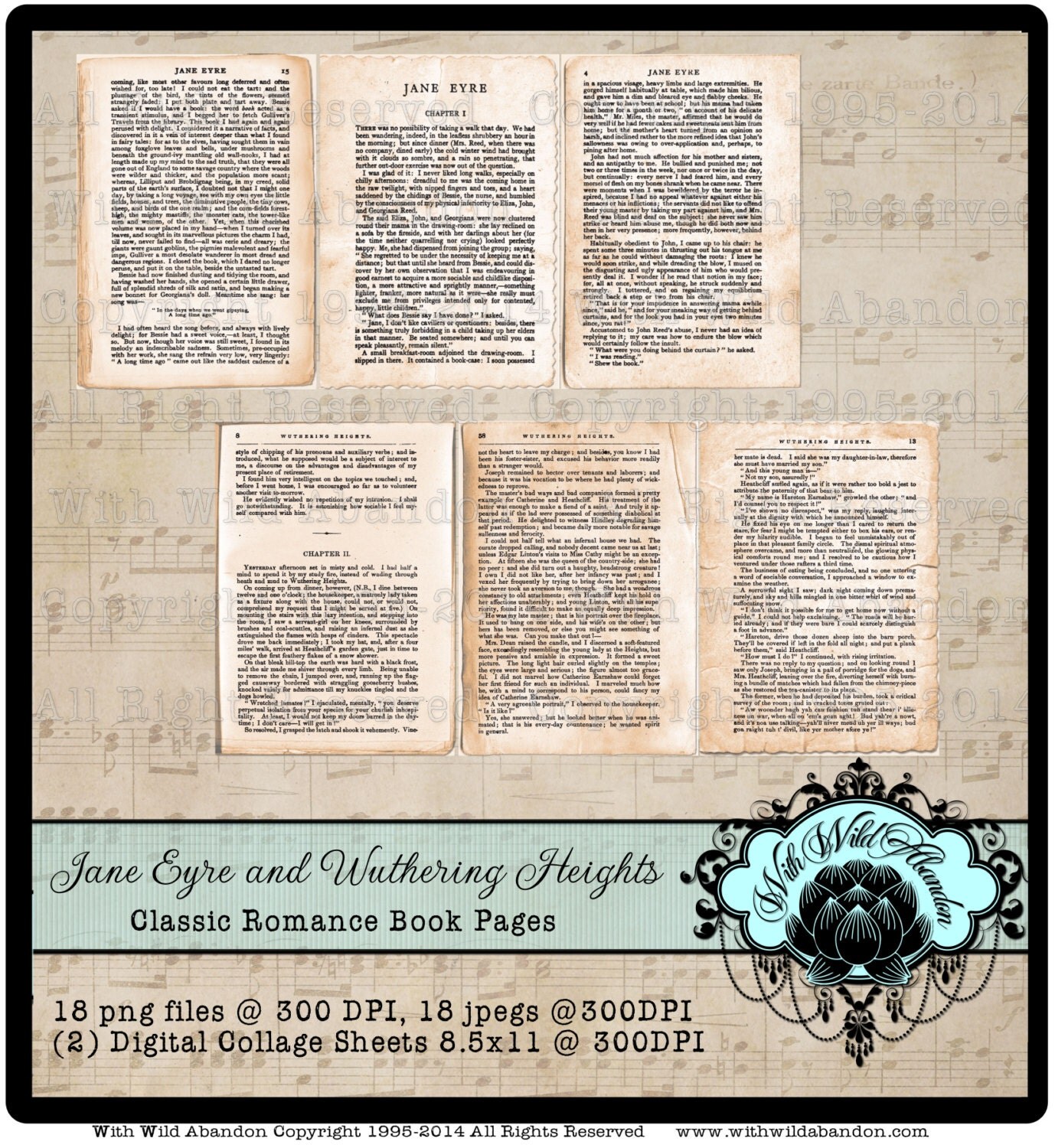 Jane Eyre and Wuthering Heights Classic Book Pages Digital