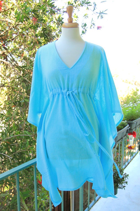 Mini Caftan Dress Beach Cover Up Kaftan in Baby Blue Cotton