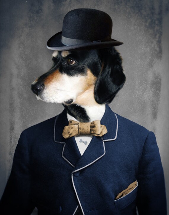 Dog Art Print Bowtie & Bowler Hat Dog Veterinarian Print Pet