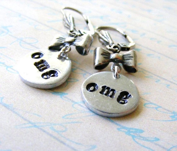 OMG Hand Stamped Dangle Earrings Silver Ox Shell by meiguidesigns