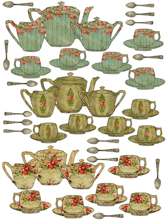 Tea Sets Digital Collage Sheet Printable Victorian Tea Time