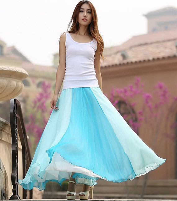Items similar to Blue Chiffon skirt woman maxi skirt patchwork long ...