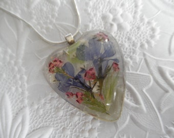 Summer Love-Pressed Flower Resin Heart Pendant with Royal Blue Lobelia, Baby's Breath, Pink Heather. Maidenhair Ferns
