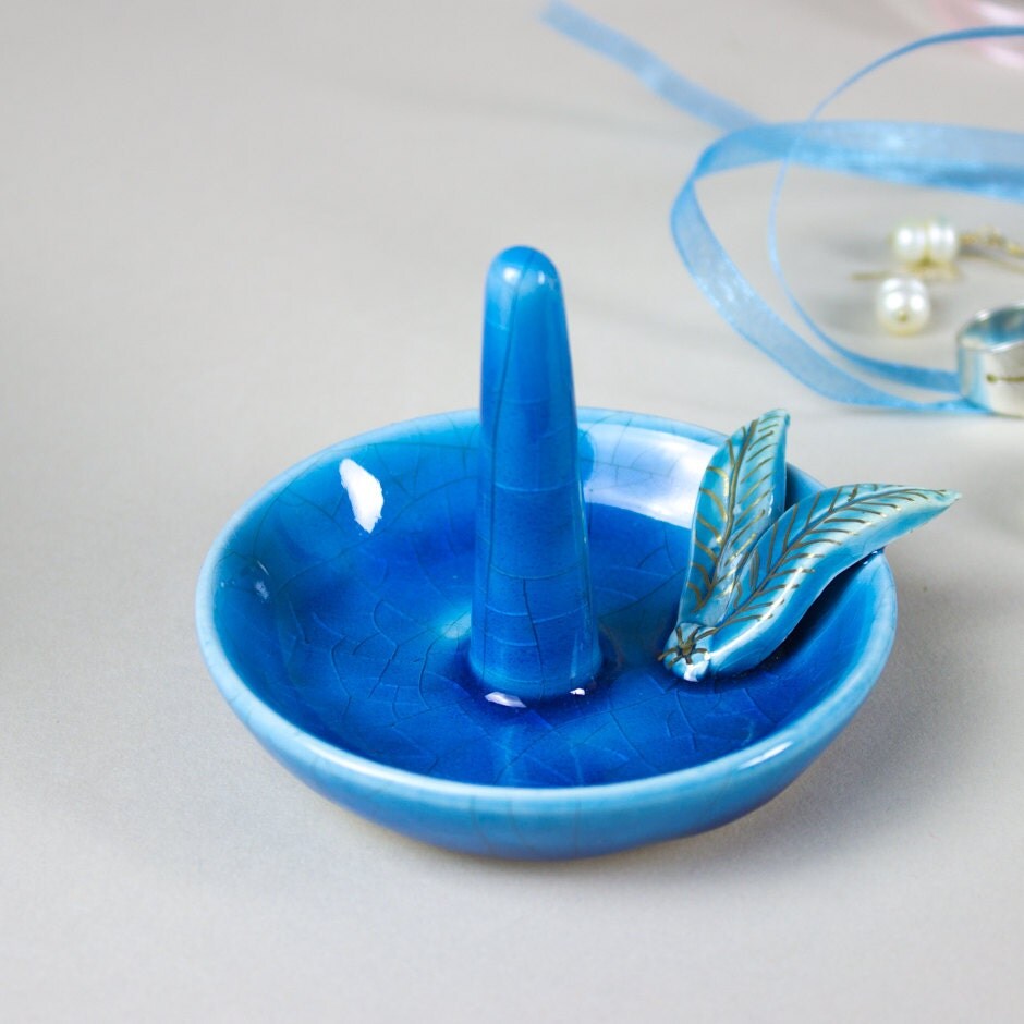 Ring Holder Dish Turquoise Aqua Bowl gold painted leaf