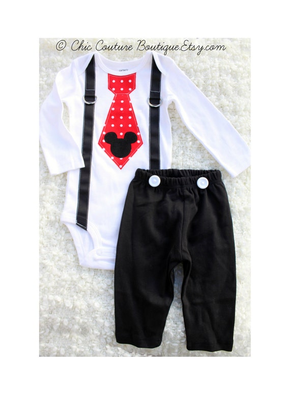 Mickey Mouse Birthday Tie and Suspenders Bodysuit & Black Pants w White Buttons SET Baby Boy 1st Birthday Outfit Party Disney Style Clothing by ChicCoutureBoutique