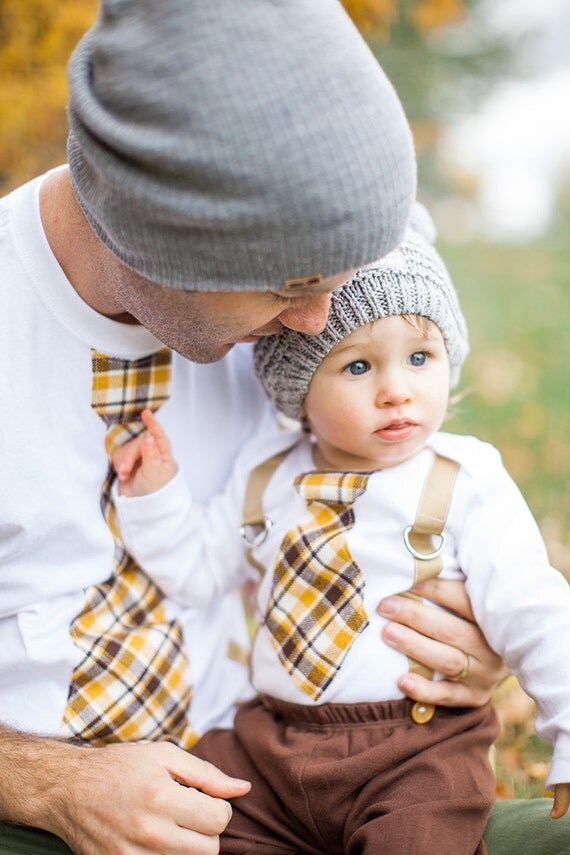 Father's Day Outfit Tie and Suspenders Dad & Boy T-shirt Set. Father Son. Plaid Tan Mustard Yellow Chocolate Brown. Matching Gift Set. by ChicCoutureBoutique