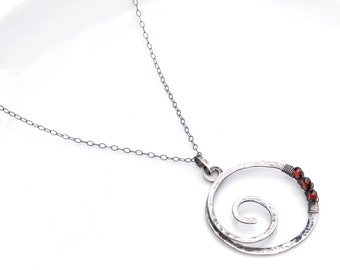 Oxidized Silver Spiral Necklace, Red Garnet Spiral Pendant Necklace, Textured Silver Spiral, Garnet Necklace
