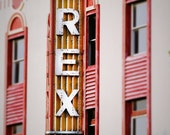 The Rex, vintage movie marquee art photo, retro movie theater with art deco design, old neon The Rex, vintage movie marquee art photo, retro movie theater with art deco design, old neon