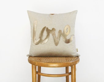 Love Word Decorative Throw Pillow Case in Metallic Gold and Beige | 18x18 inch / 45x45 cm Cushion Cover | Modern Home Decor, Wedding Gift