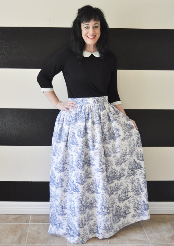 Blue Toile Midi Skirt Mini Skirt or Maxi Ball skirt full