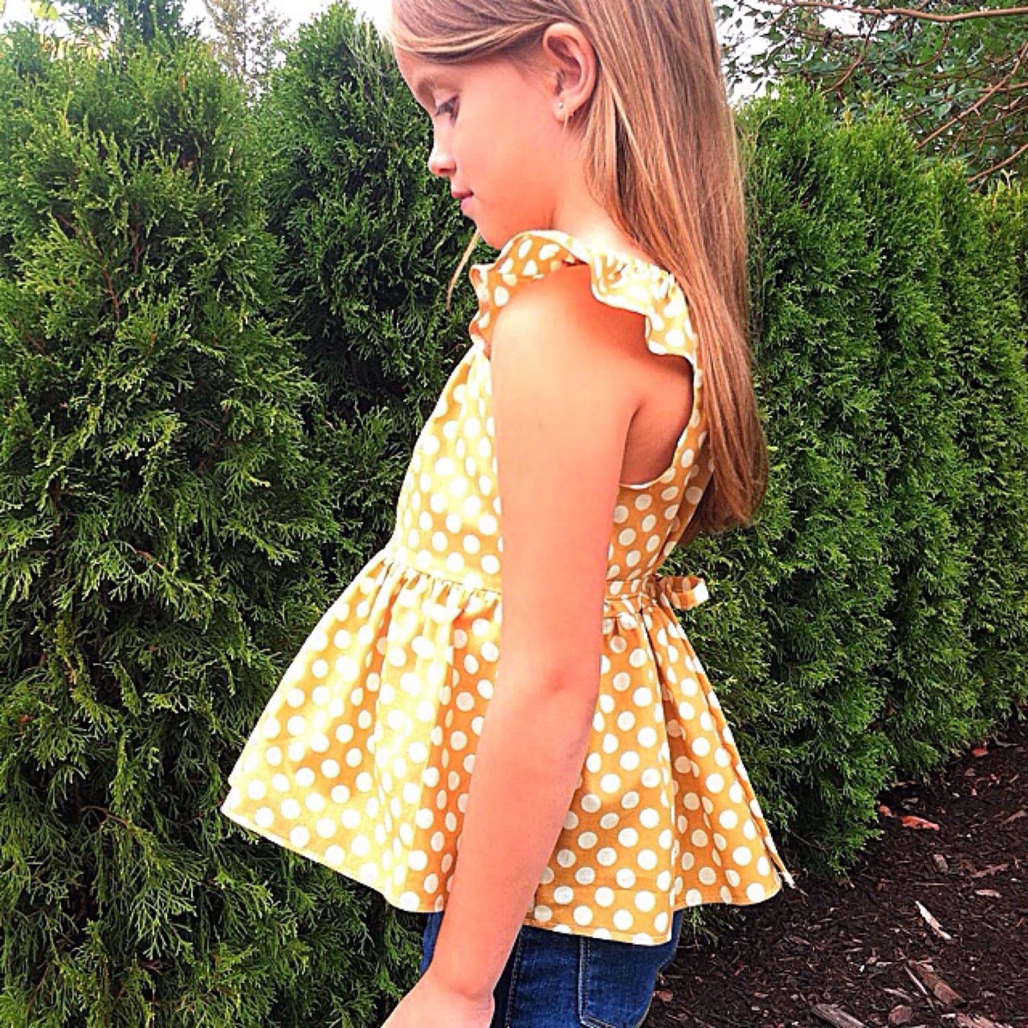 Girls peplum top Mustard color Yellow top Polka dot