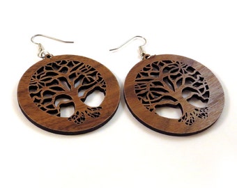 Tree of Life Sustainable Wooden Earrings - in Walnut - Wood Dangle Hook Earrings