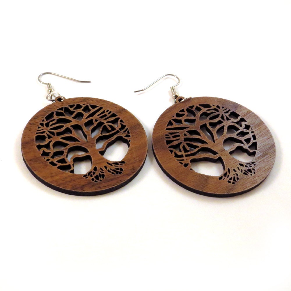Tree of Life Sustainable Wooden Earrings in Walnut Wood