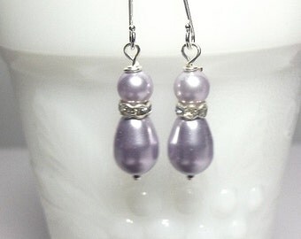 Lavender Pearl Drop Earrings , Bridesmaid Jewelry, Wedding, Valentines Day Gifts, Mom Jewelry, Silver Earrings