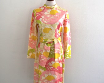 1960s Psychedelic Dress Tanner Floral Bright Colors Mod Print Silky Womens Vintage Medium