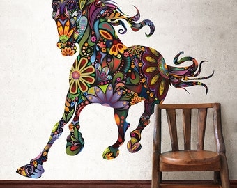 Wild Horse Decal for Walls - Colorful Floral Horse Wall Sticker Decor