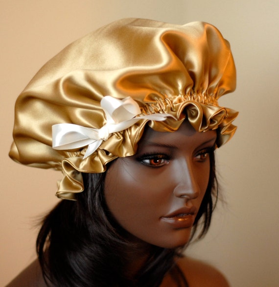 silk natural bonnets hair for Sleep Gold Bow Silk Fully Charmeuse, Adjustable Drawstring Bonnet,