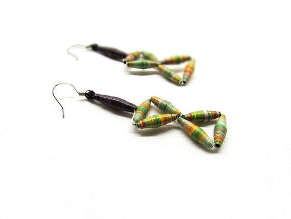 Geometric Light Weight Paper Bead Jewelry Green Earrings Eco Friendly Triangular Minimal Summer Paper Anniversary