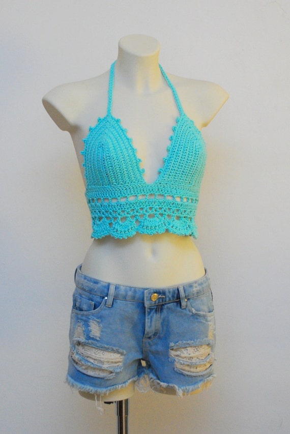 BIG SALE!!! Crochet crop top, teal halter top, beautiful top, crochet