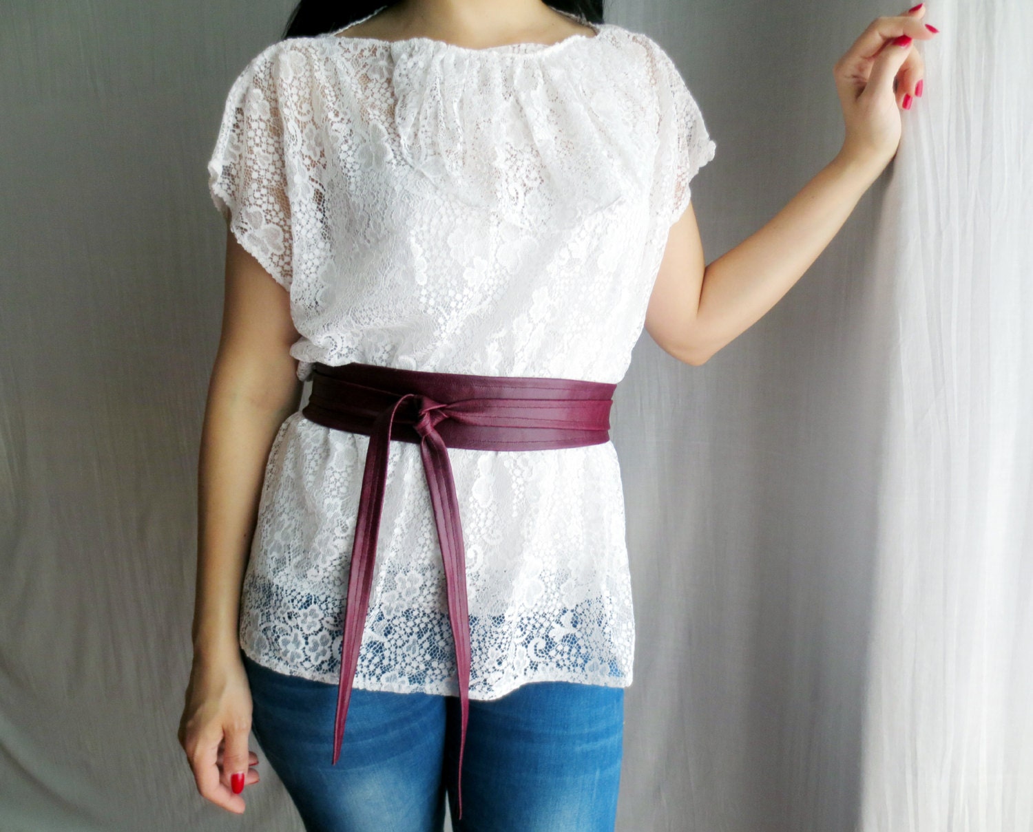 Wine burgundy vegan leather obi belt sash belt womens belts