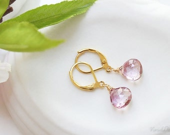 Mystic Pink Quartz Earrings, Pink Gemstone Earrings, Simple Earrings Small Pink Earrings