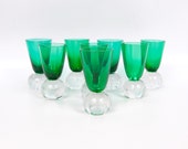 Vintage Emerald Green Glass Shot Glasses Hand Blown Art Glass Controlled Bubble Ball Base Cordials Set of 8