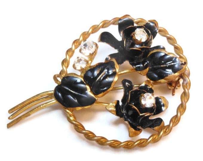 FREE SHIPPING Floral circle brooch black enamel flowers with Austrian crystal rhinestones - made in Austria