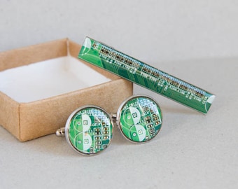 Circuit board Cuff Links and Tie Clip set