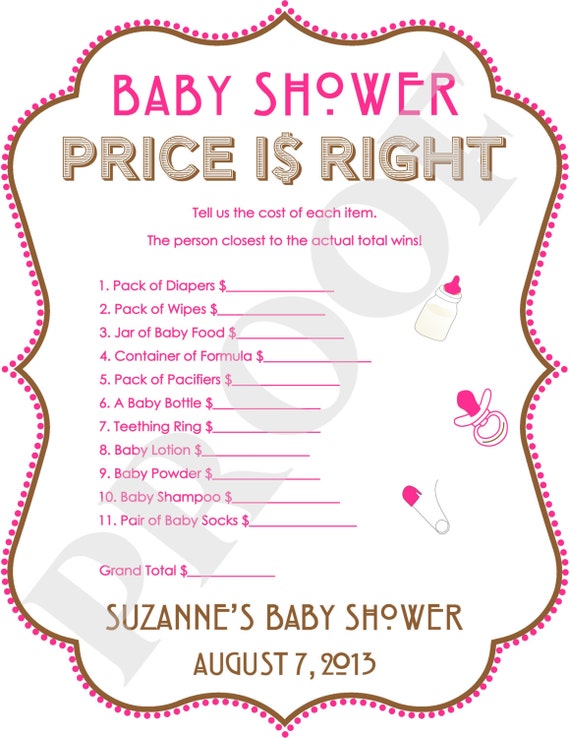 Personalized Price is Right Baby Shower Game Pink & Brown