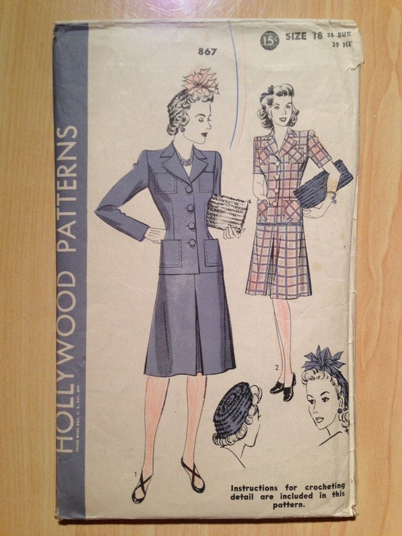 Hollywood Sewing Pattern 867 Misses Two Piece Suit, Hat and Bag Vintage 40s Size 18