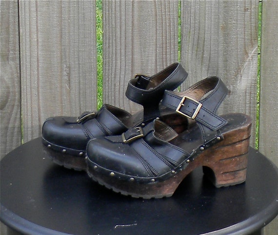 Vintage 90s Wooden Soles US Size 8 Black Leather Platform