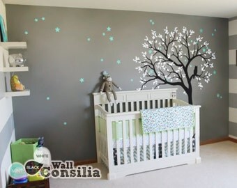 Baby Nursery Tree Wall Decal Wall Sticker - Owl Tree Wall Decal - Owl, Stars and Tree Decals - Large: approx 71" x 59" - KC054