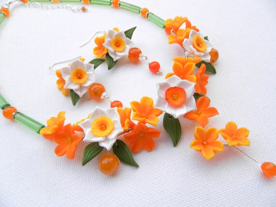 Narcissus jewelry  Flower statement necklace  Orange jewelry 