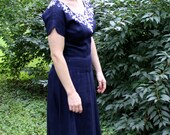 Vintage Navy Dress with hand beaded top edging
