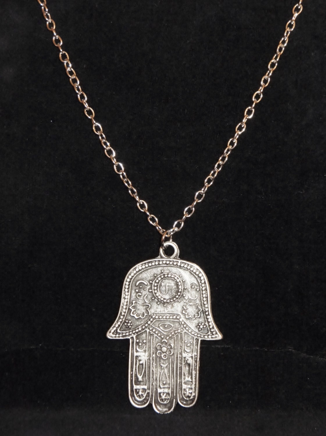 Antique Silver Hamsa Hand Necklace Khamsa NecklaceBoho
