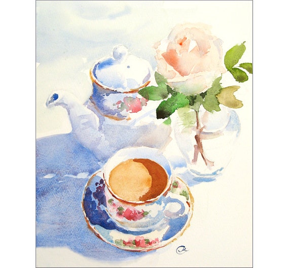 Coffee and Rose Watercolor - Original Painting 8x10 inches