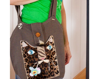 Grand sac fourre-tout en tissus rec yclÃ© - Chat fantaisiste noir ...